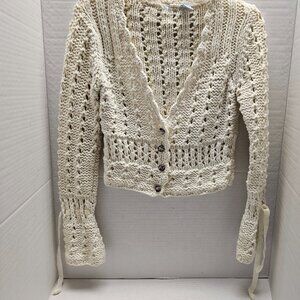 Frost Women Cropped Knit Crochet Cream Iridescent Button Sweater Cardigan M